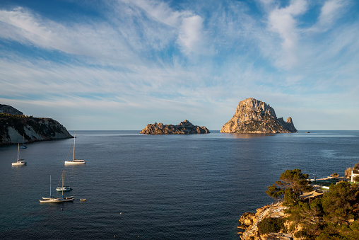 Morning view of Es Vedra and Es Vendrell islets from Cala d Hort viewpoint, Sant Josep de Sa Talaia, Balearic Islands, Spain