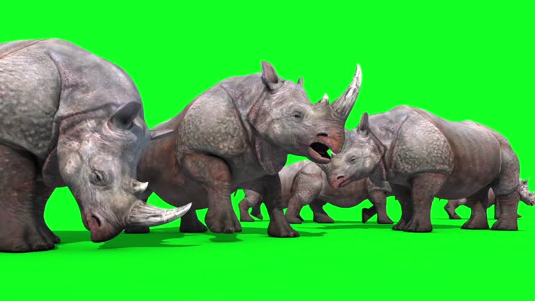 Group of Rhinoceros Eats Green Screen 3D Rendering Animation Animals