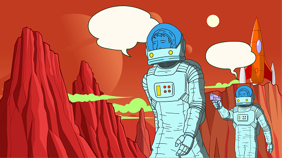 A retro pop art style vector illustration of two astronaut, one shocked by a truth one tried to kill the other. Wide space available for your copy. Perfect for a meme.