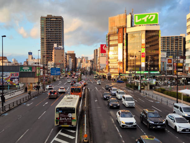 Traffic jam on a main street in Abeno Ward, Osaka, Japan.