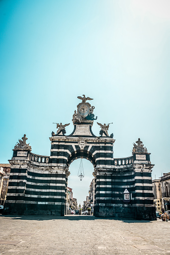 Porta Garibaldi And It's Clock In Catania, Sicily, Italy