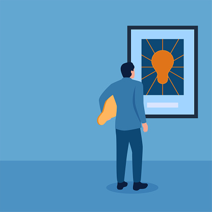 Man carrying a lamp in front of a painting whose lamp is missing, illustration for problem solving.