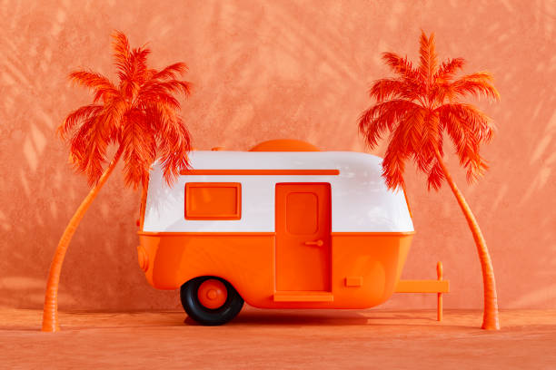istock Camper trailer with palm tree, summer beach holiday travel background 2149966491