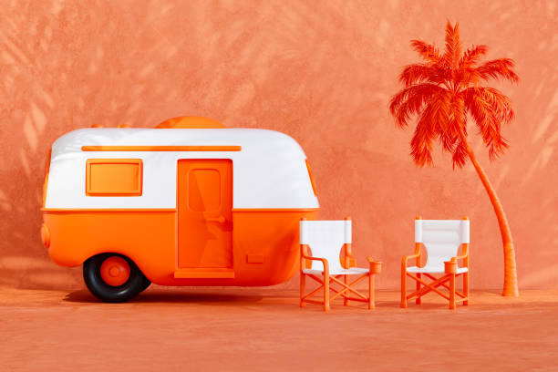 istock Camper trailer with palm tree, summer beach holiday travel background 2149966521