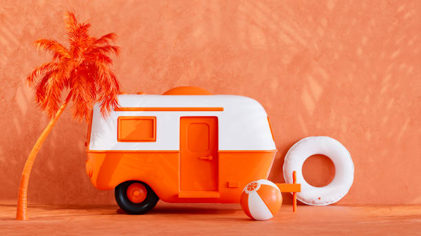 istock Camper trailer with palm tree, summer beach holiday travel background 2149966581