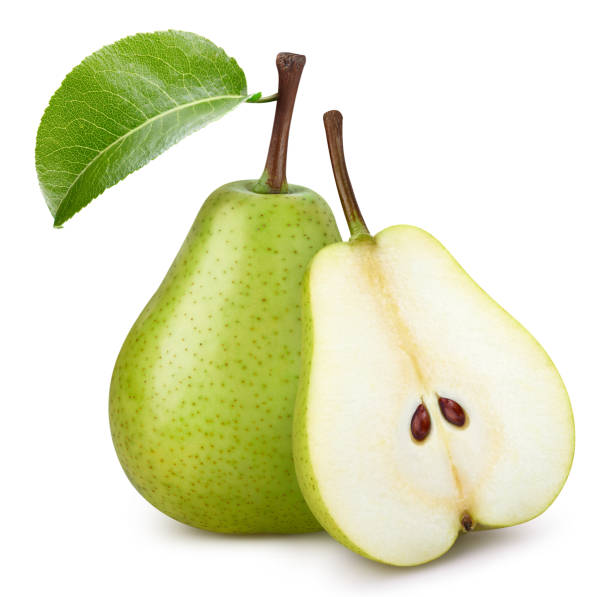 istock Ripe whole pear fruit with green leaf and half isolated 2149966595
