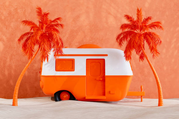 istock Camper trailer with palm tree on sand, summer beach holiday travel background 2149966908