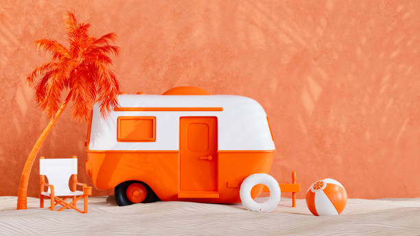 istock Camper trailer with palm tree on sand, summer beach holiday travel background 2149966957