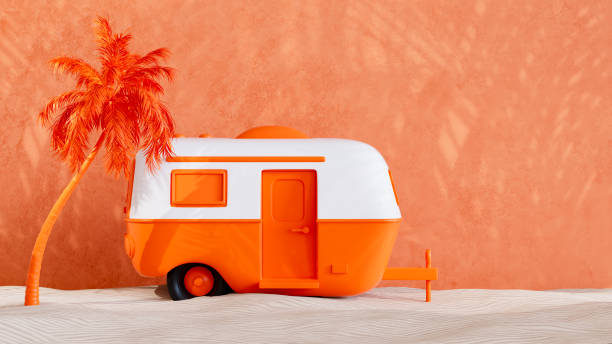 istock Camper trailer with palm tree on sand, summer beach holiday travel background 2149966979