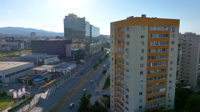 Wide drone shot of old residential district in Sofia, bulgaria, brutalism