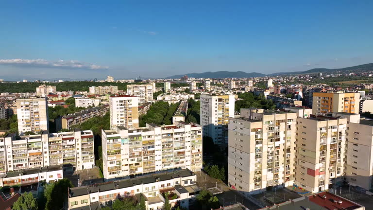 Wide drone shot of old residential district in Sofia, bulgaria, brutalism