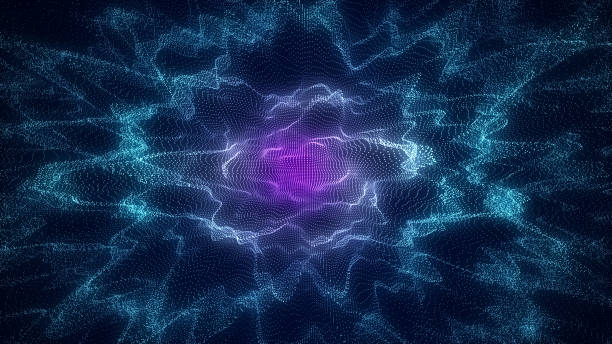 istock Abstract technology wave with motion glowing dots. AI in virtual reality on digital background. Particle explosion. Wireframe texture. Dynamic analysis a network connection data. 3D rendering. 2149967406