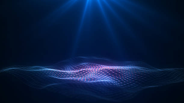 Abstract technology wave in the center with motion dots and lines. AI in virtual reality on digital background. Wireframe texture. Dynamic analysis a network connection data. 3D rendering.