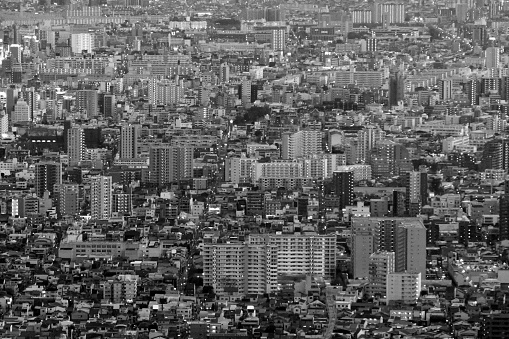 Osaka cityscape, viewed from Abeno Harukas 300 observatory. Abeno Harukas is a supertall skyscraper, 300 m tall, the tallest in Osaka, Japan.