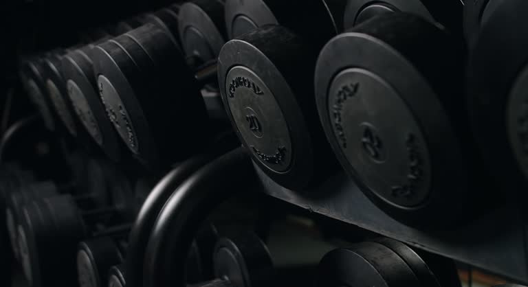Row of Black Dumbbells in a Gym Setting, Exercise Equipment
