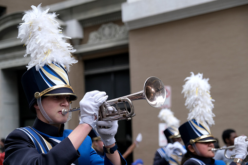 Indianapolis, Indiana, USA - September 28, 2019: The Circle City Classic Parade, Members of the Jackson State University cheerleaders and marching band performing at the parade