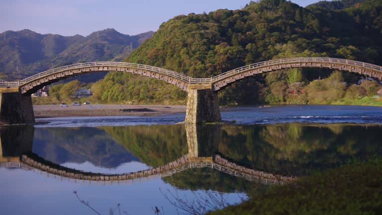 Arched Kintai Kyo Bridge Reflecting in Nishiki River, Early Spring Morning Japan