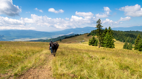 Nichlasmarkt, Gheorgheni, Romania - July 18, 2023:  Horseback riding in the carpathian landscape