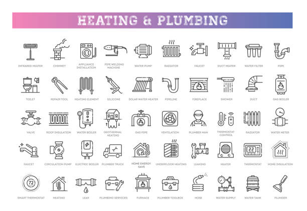 Set line icons of plumbing and heating Plumbing, heating, ventilation, construction, renovation electric heater stock illustrations