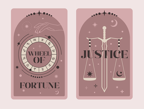 Pairs of Tarot cards Wheel of fortune and Justice, illustration fortune telling occult mystic esoteric. Celestial Tarot Cards Basic witch tarot