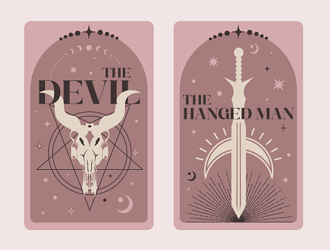 Pairs of Tarot cards Devil and The Hanged Man, Celestial Tarot Cards Basic witch tarot surrounded by moon and stars. Vector illustration.