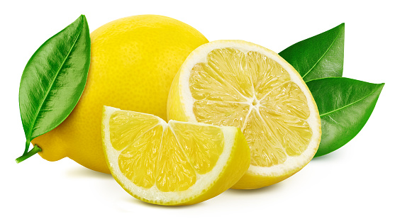 Lemon fruit with leaf isolate. Lemon whole, half, slice, leaves on white. Lemon clipping path.