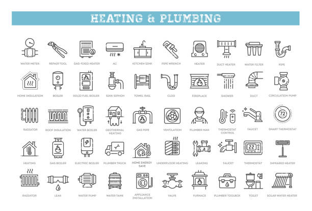 Set line icons of plumbing and heating Plumbing, heating, ventilation, construction, renovation electric heater stock illustrations