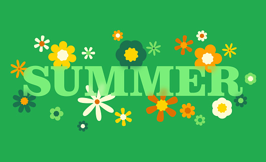 Summer flowers blooming green retro growth background.