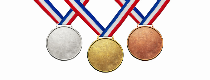 Collection of real gold medals isolated on free png background with a lot of text area - winner copy space concept