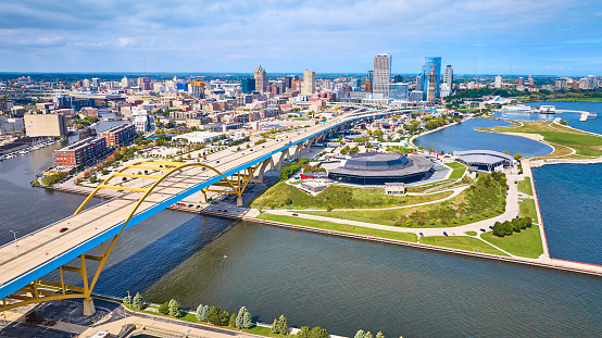 Aerial View of Daniel W. Hoan Memorial Bridge Spanning Across Lake Michigan in Milwaukee, Showcasing Vibrant Urbanity and Natural Tranquility, 2023