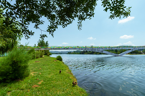 A view of the Mondego River in Coimbra, Portugal, under a clear sky, with trees and a pedestrian bridge. Landscape background and wallpaper.