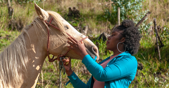 A serene and sweet encounter when a woman tenderly touches the muzzle of a horse demonstrating her love for it.