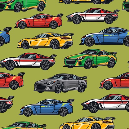 Tuned automobiles colorful seamless pattern with fast sports bullites ready to participate in races on city streets vector illustration