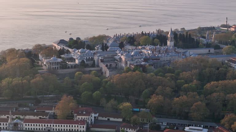 Aerial video footage of Istanbul Topkapi Palace at sunrise