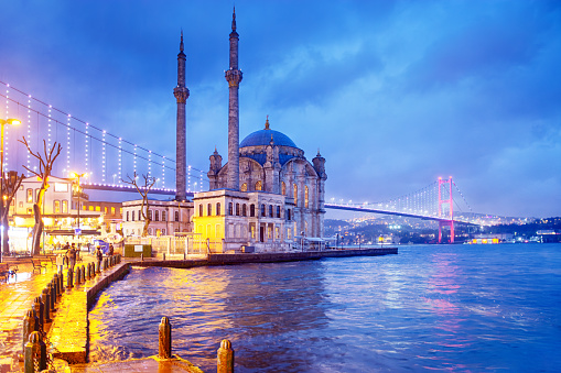 Ortakoy Mosque (Büyük Mecidiye Camii) and Bosphorus bridge in Istanbul at night, Turkey
