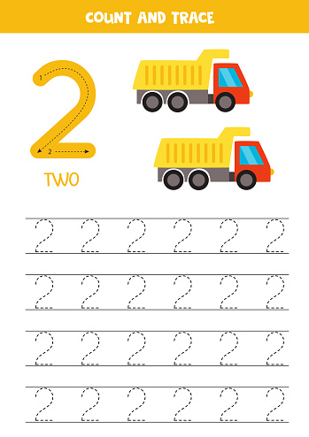 Trace numbers. Number 2 two. Cute cartoon toy trucks.