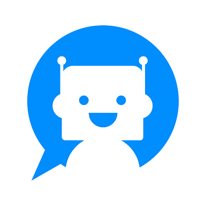 A robot in a blue speech bubble on a white background. Cute robot icon in tooltip. Support bot. Vector illustration