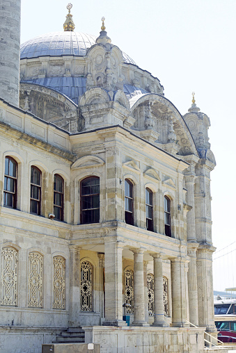 Ortakoy Sultan's Mosque decorated in Ottoman Baroque style in Istanbul, Türkiye.