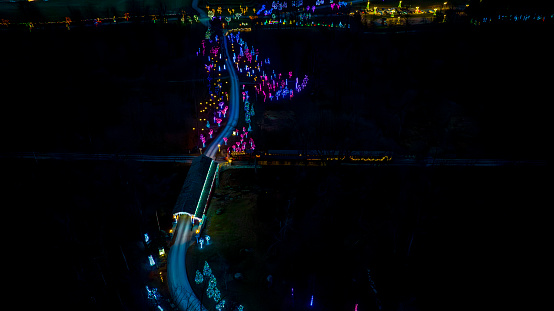 Elevated Nighttime View Of A Curving Road Lined With Neon-Lit Trees Leading To A Distant Cluster Of Brightly Illuminated Areas.