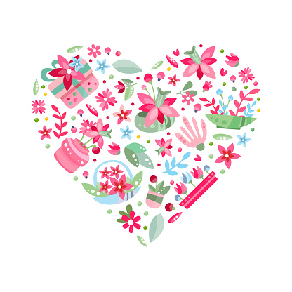 Pink Flower Heart Shaped Composition Design with Flora Blossom Vector Template. Blooming Garden Botany
