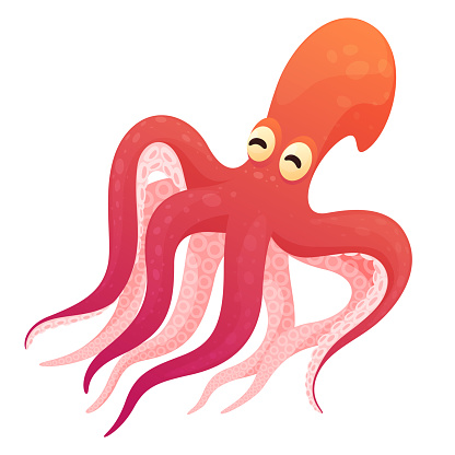 Octopus funny cartoon marine sea life character with tentacles isometric vector illustration. Cheerful aquatic animal twisted long limbs with suckers nautical natural wild underwater dangerous monster