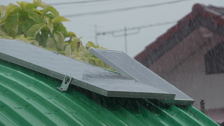 Solar panels energy surviving a heavy rain and winds.