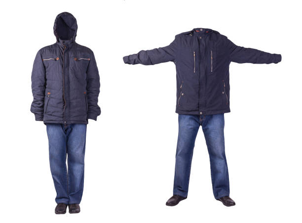 istock dark blue jeans, black leather shoes, jacket isolated on white background. 2149984789