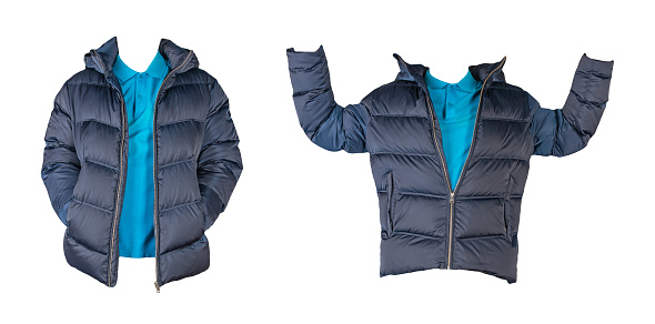 two dark blue men's down jacket and  blue  shirt isolated on white background. fashionable casual wear