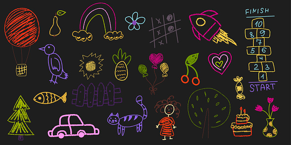 Set of vector drawings hand drawn with colored chalk on a blackboard. Cute flower, rocket, animal elements, car, classic, trees. Children's animal design for textiles, posters, flyers