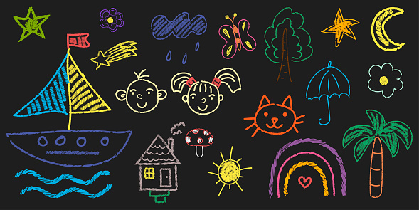 Set of vector drawings hand drawn with colored chalk on a blackboard. Cute flower, ship, umbrella, animal elements, house, trees, rain, children, palm tree. Cute preschool activity for kids