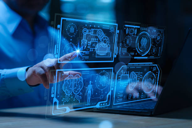 istock A man is pointing at a computer ai screen with a blue screen that has a man's hand on it. Ai can control tools and device for manage process on cyber to connection hospital, banking, stock, finance 2149986274