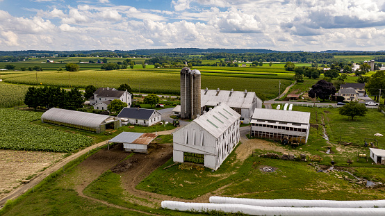 Drone shot of agricultural land in Sauk County, Wisconsin on a summer day.