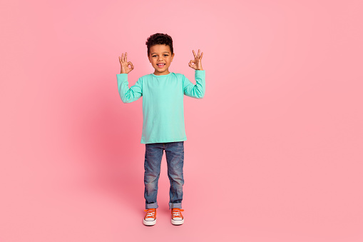 Full size photo of charming small boy show okey symbol good quality dressed stylish cyan clothes isolated on pink color background.