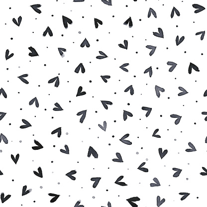 Abstract shapes of heart hand painted on white watercolor paper background. Original illustration in black and white. Love design template. 
SEAMLESS PATTERN - duplicate it vertically and horizontally to get unlimited area.
VECTOR FILE - enlarge without lost the quality!